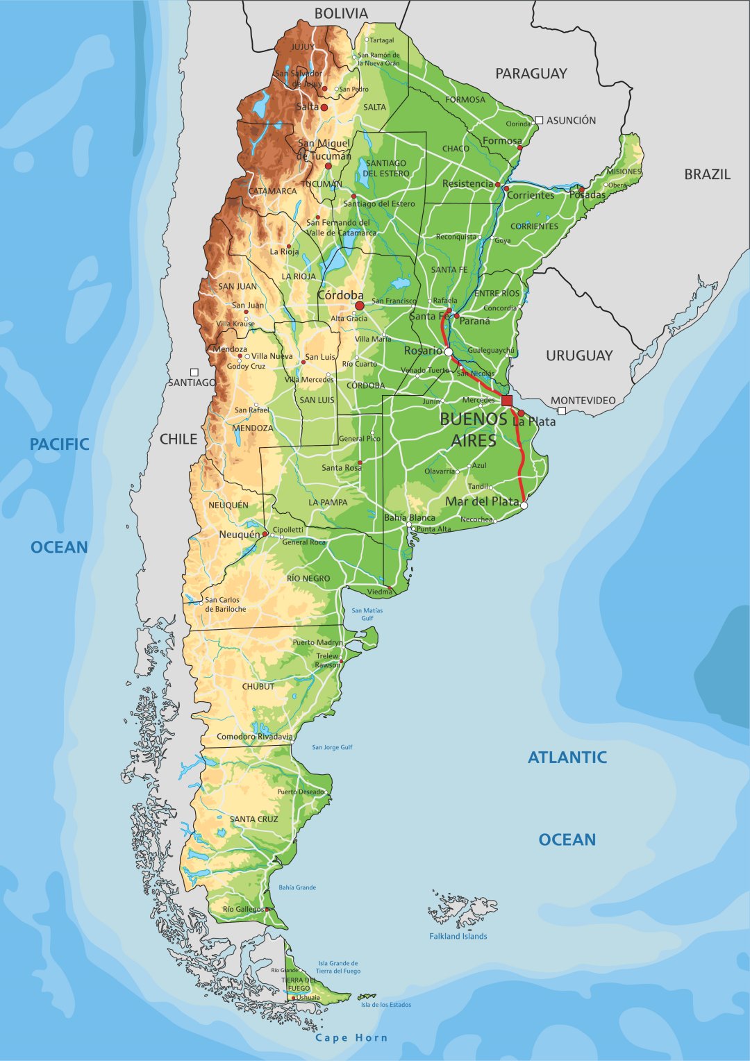 Mappa Argentina con morfologia, fiumi, laghi, province