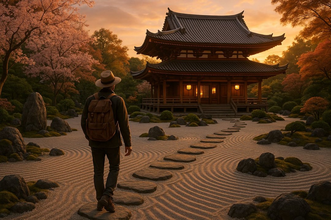 Viaggiatore in un giardino zen