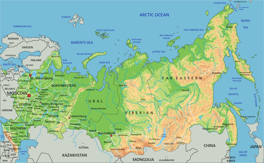 Mappa Russia con fiumi, laghi, rilievi