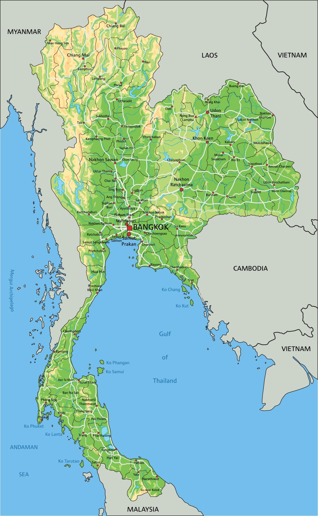Mappa Thailandia con fiumi, morfologia, isole