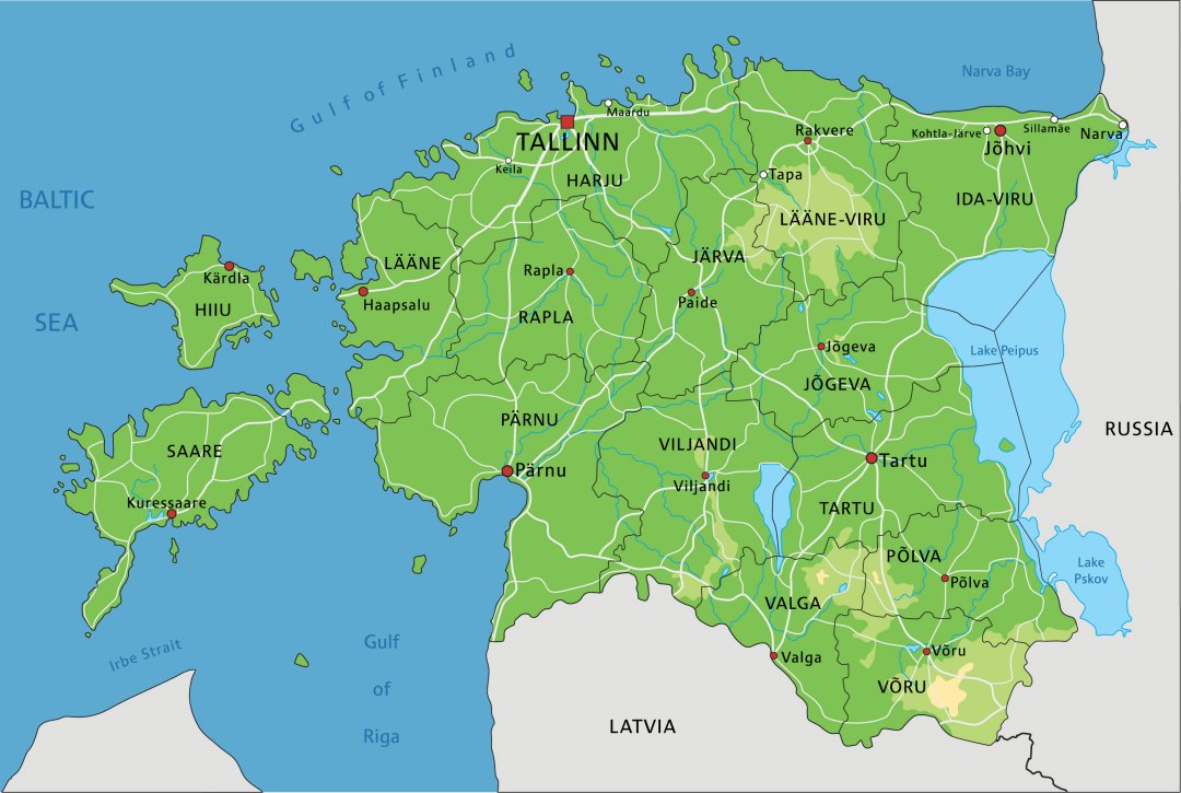 Mappa Estonia con fiumi, laghi, regioni, citt�