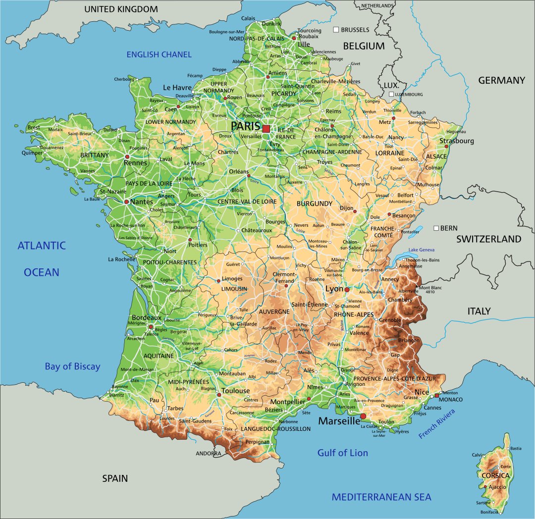 Mappa Francia con rilievi, fiumi, laghi, isole
