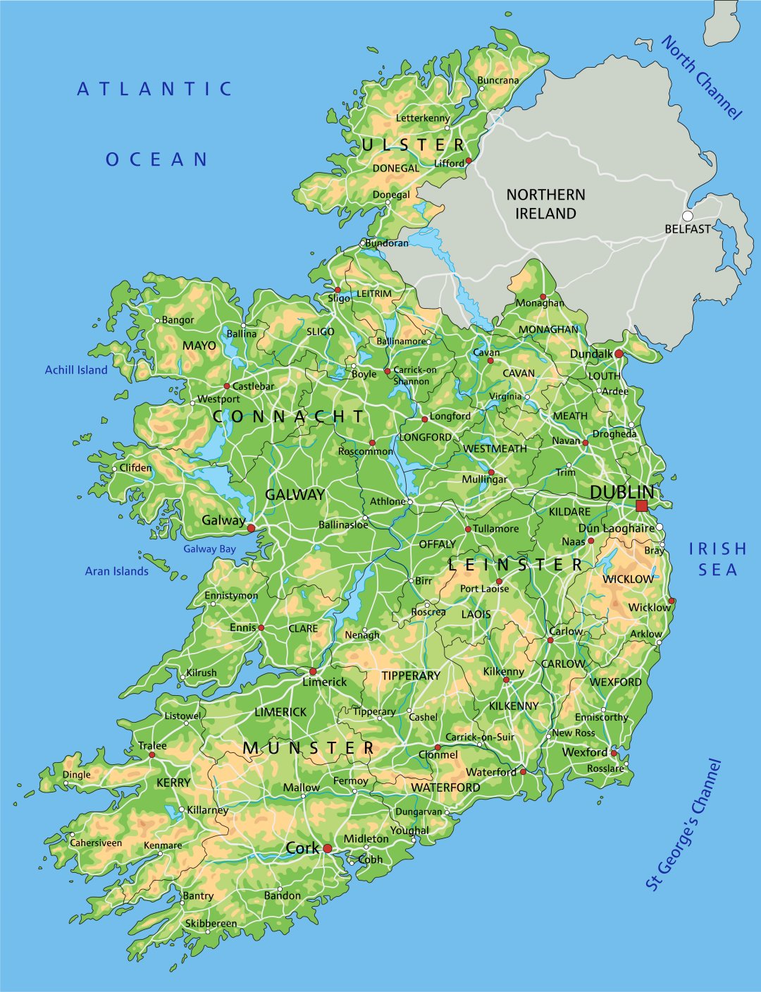Mappa Irlanda con fiumi, laghi, isole, catene montuose, regioni
