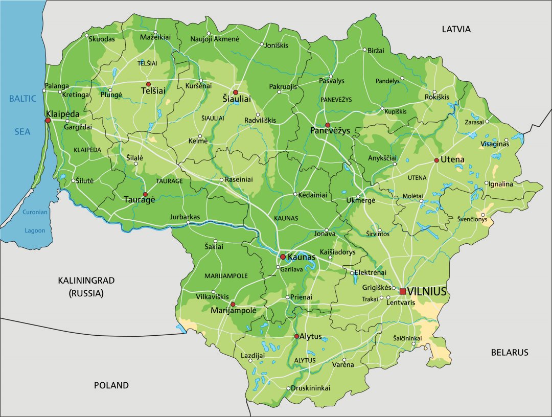 Mappa Lituania con fiumi, laghi, regioni, citt�