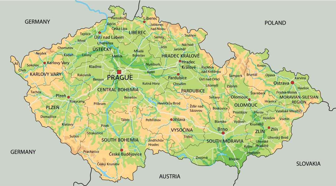 Mappa Repubblica Ceca con fiumi, laghi, catene montuose, regioni
