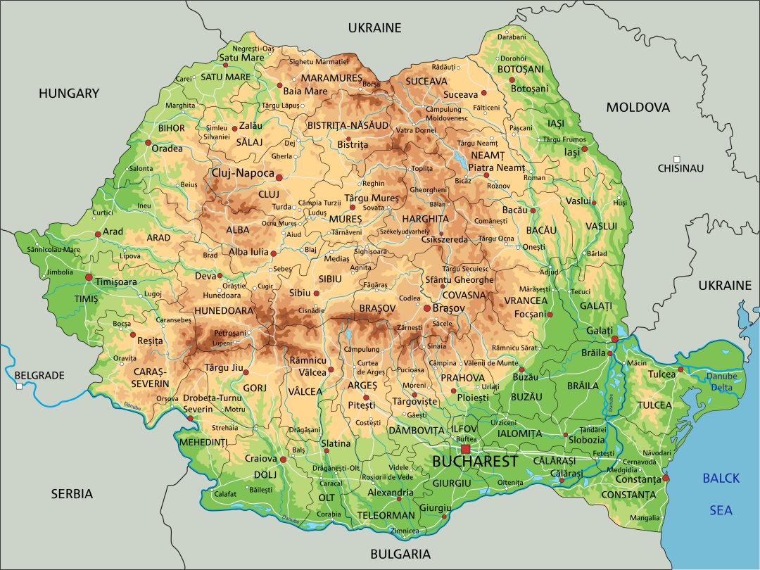 Mappa Romania con fiumi, laghi, catene montuose, regioni
