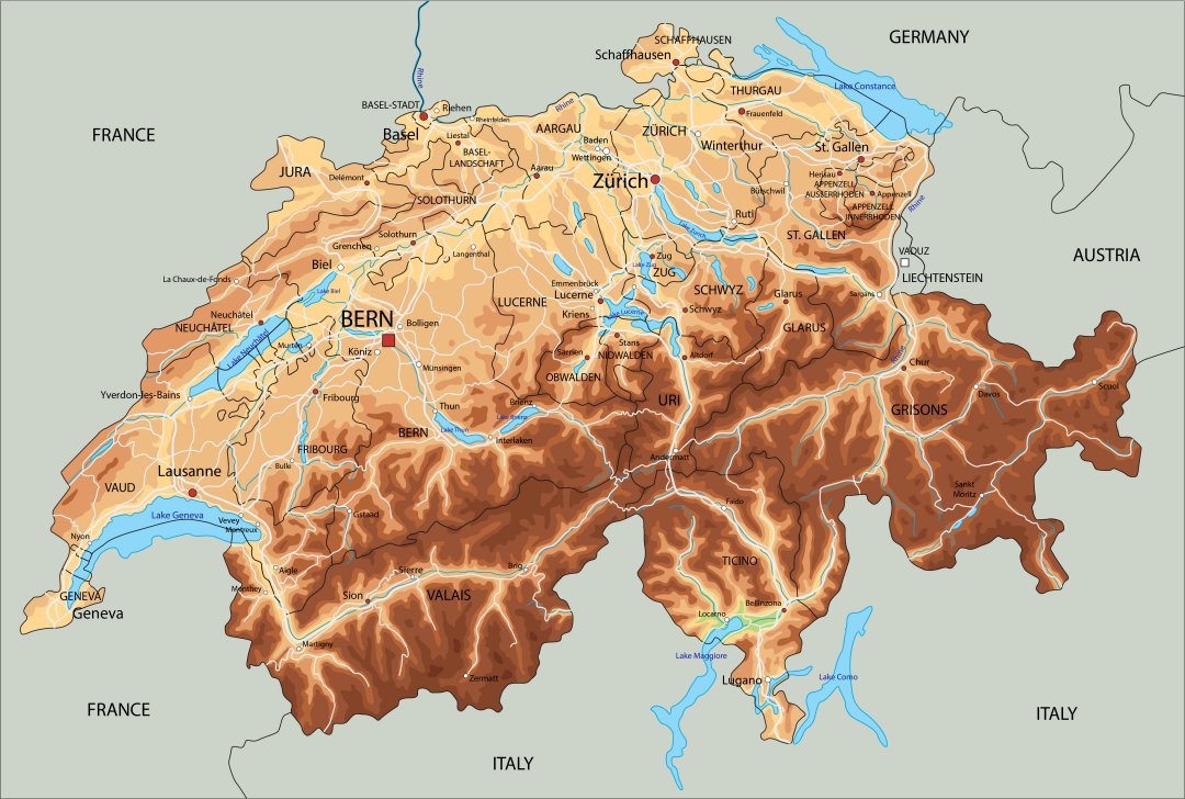 Mappa Svizzera con fiumi, laghi, catene montuose, cantoni
