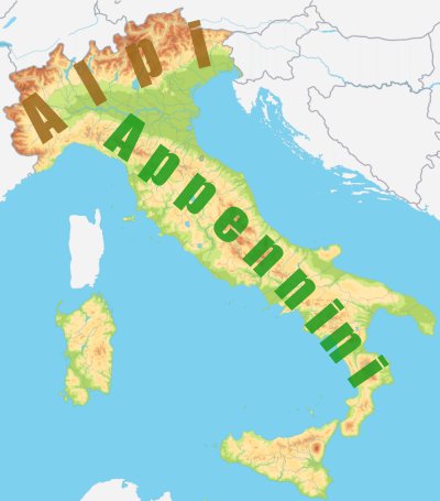 Cartina fisica dell'Italia con le due catene montuose principali