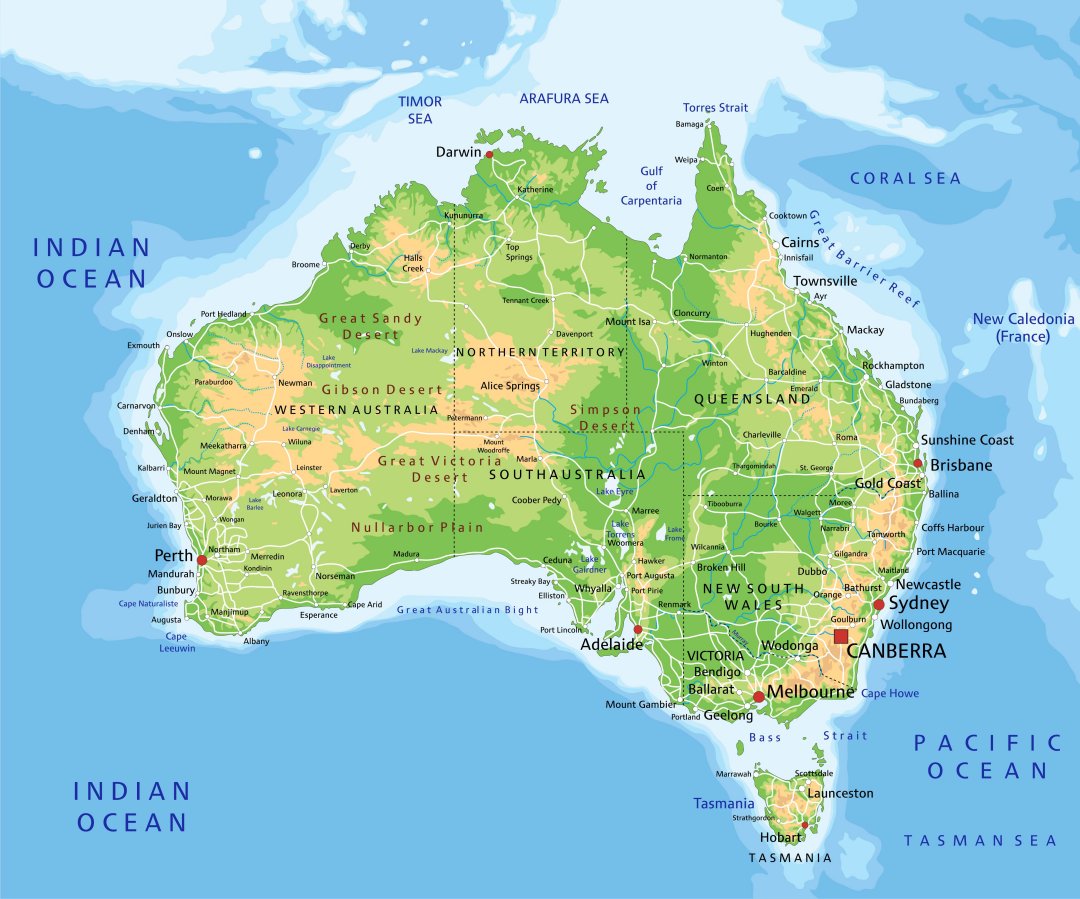 Mappa Australia con fiumi, laghi, isole, morfologia, stati